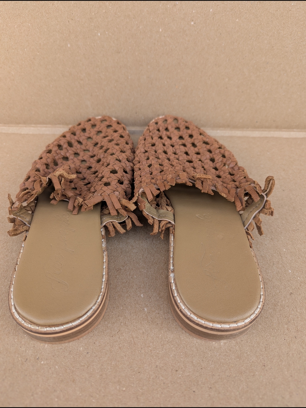 Free People Mirage Woven Leather Fringe Slip On Mule Sandal Flats Tan NWT Boho - Picture 4 of 10